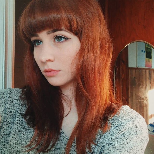 Textured Tangerine Shag With Blunt Bangs Textured Tangerine Shag With Blunt Bangs — Tangerine Hair