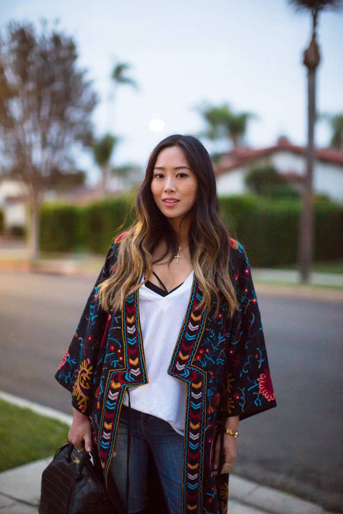 Embroidered Open-Front Kimono Layer — Outfits for Broad Shoulders