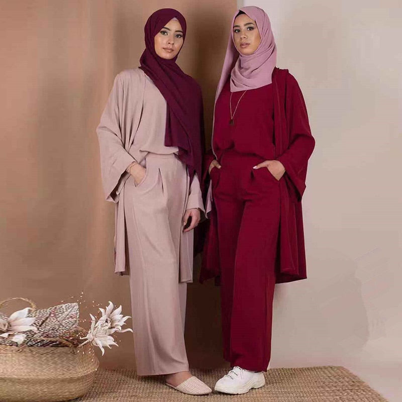 Modern Kimono Abaya and Wide-Leg Pants Set — Abaya Outfits