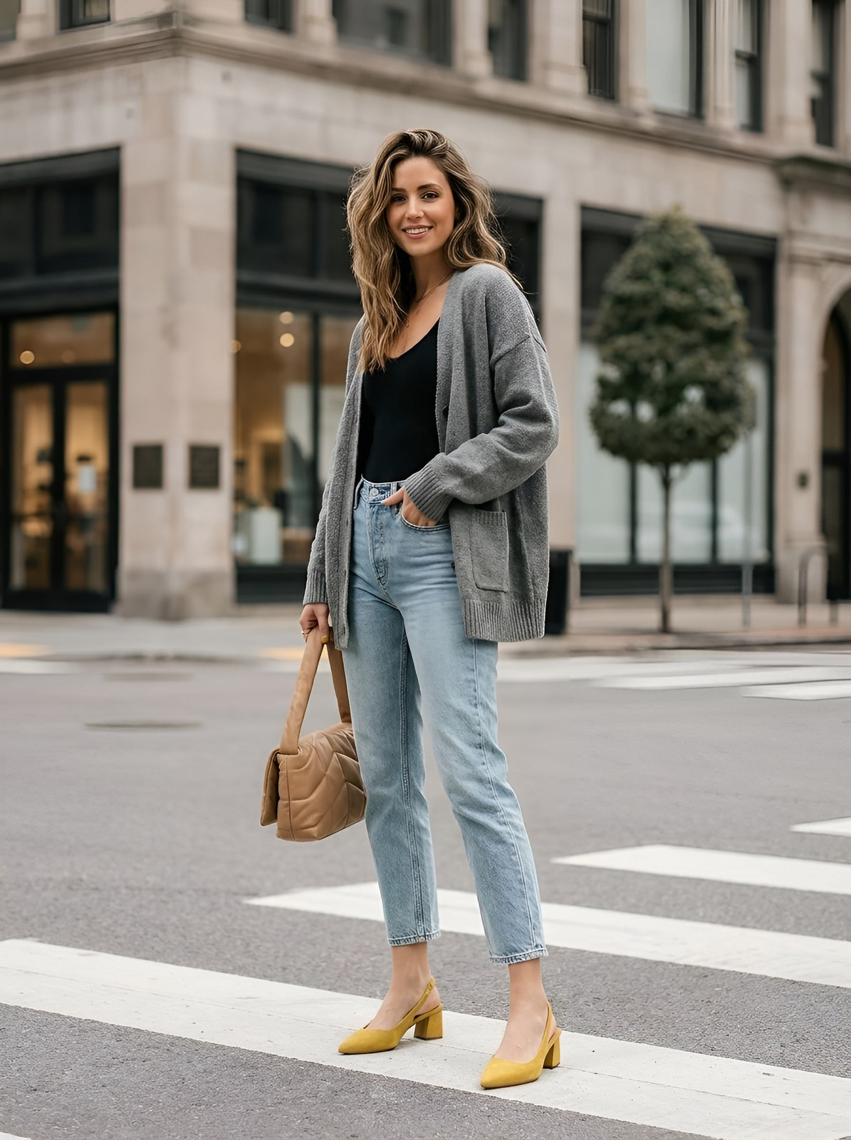 Comfortable Chic: Yellow Block Heels with a Knit Cardigan and Jeans Comfortable Chic: Yellow Block Heels with a Knit Cardigan and Jeans — Heels Outfits