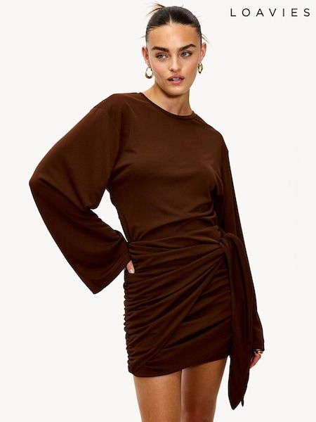 Brown Ruched Mini Dress with Voluminous Sleeves Brown Ruched Mini Dress with Voluminous Sleeves — Dresses for Skinny Girls