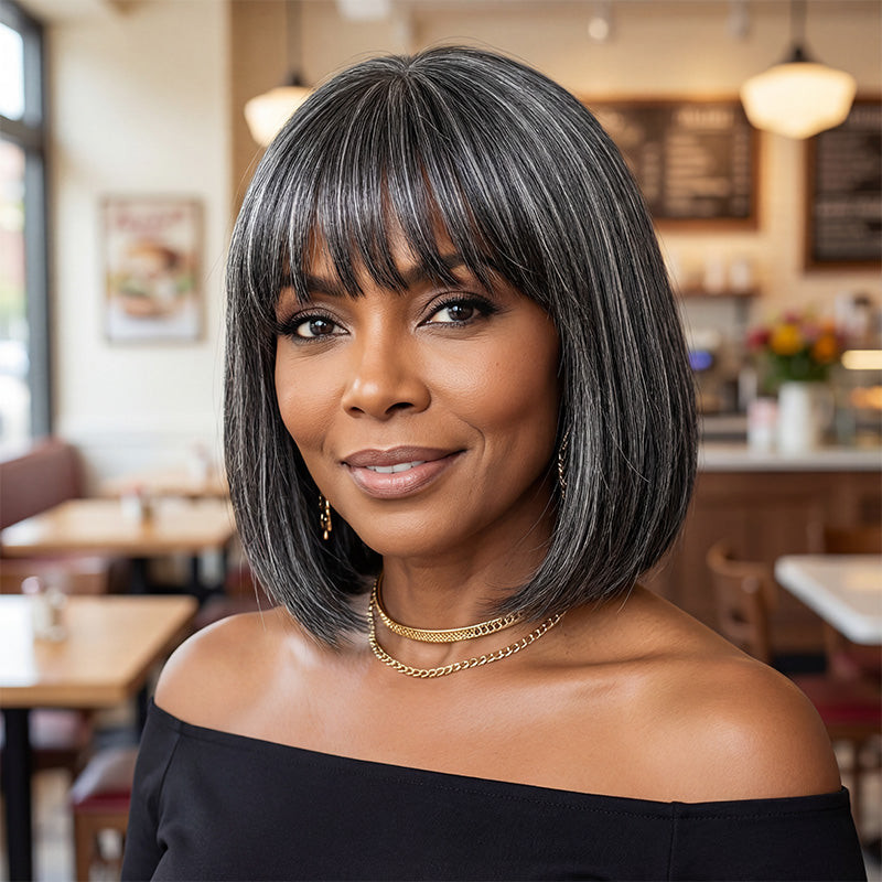Chin Length Bob With Blunt Bangs — The Color Is A Clear Salt And Pepper Mix Chin Length Bob With Blunt Bangs — The Color Is A Clear Salt And Pepper Mix — Salt and Pepper Bob
