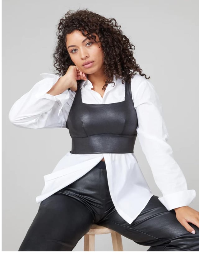 Fashion-Forward Evening: Black Leather Square-Neck Crop Top Over White Shirt — Crop Top Outfits