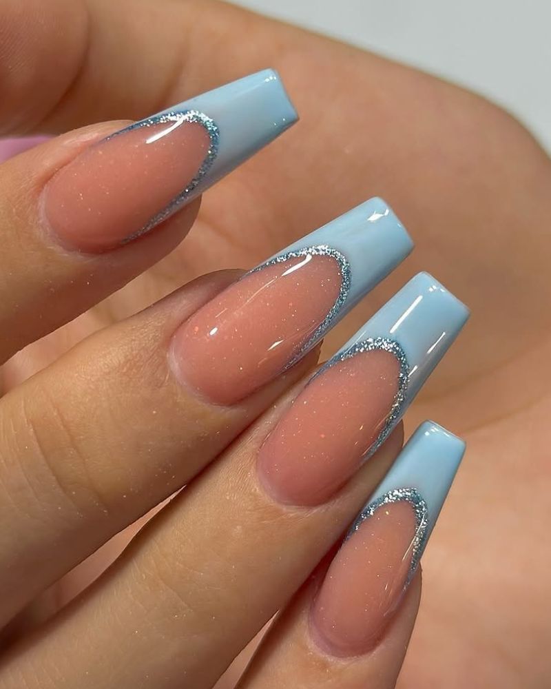Nude Base Light Blue Glitter Outline French Tip Coffin Nails Nude Base Light Blue Glitter Outline French Tip Coffin Nails — Long Coffin Nails