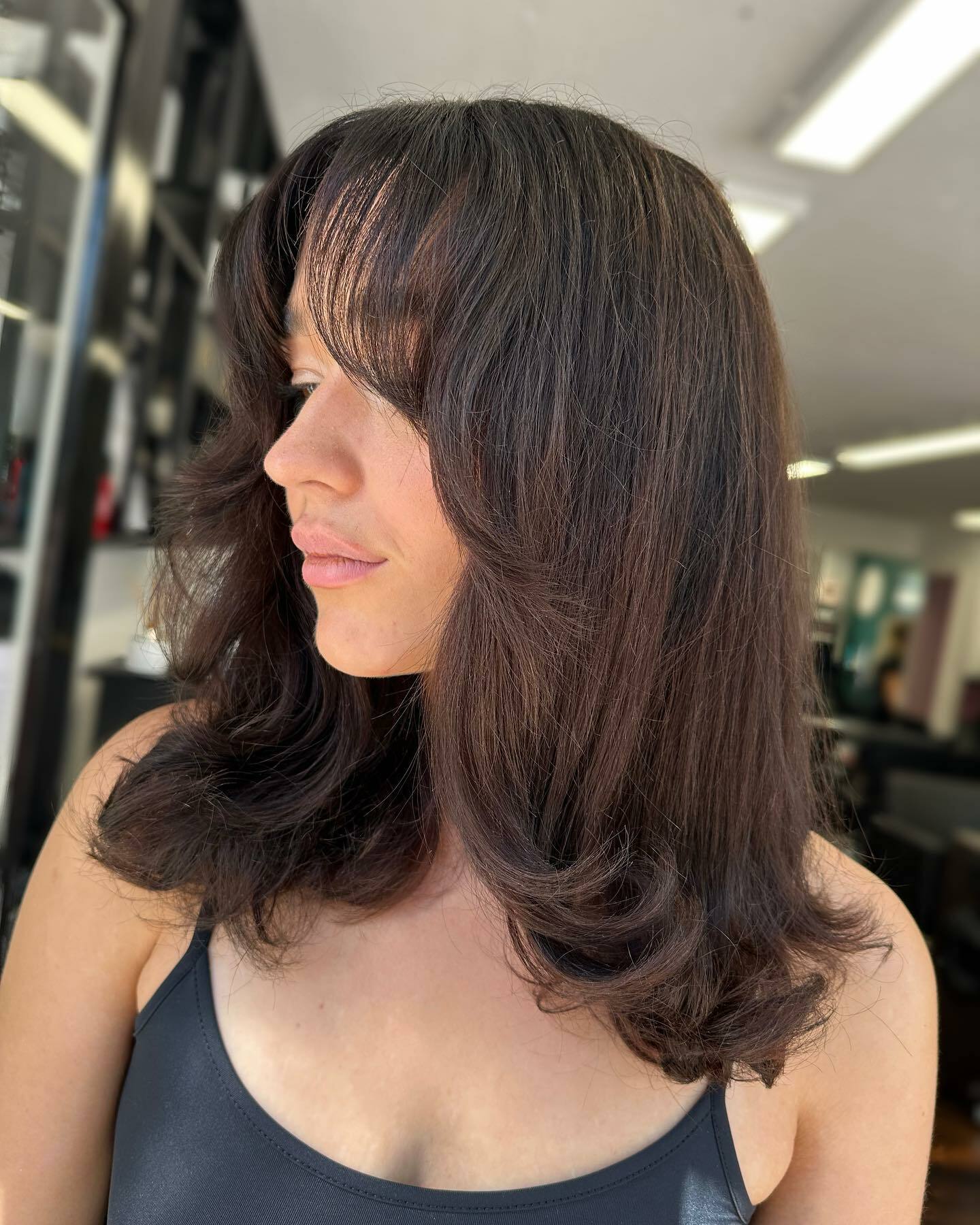 Dark Brown Collarbone Cut With Curtain Bangs — Shoulder Length Hairstyles