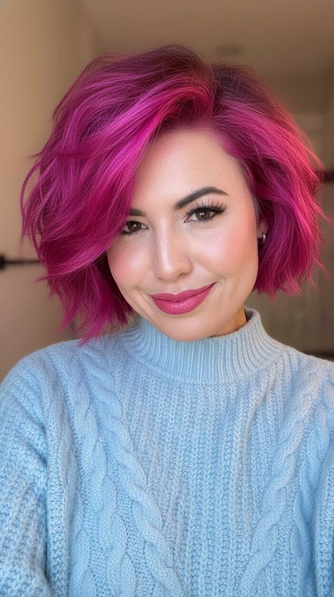 Textured Fuchsia Bob With Blunt Bangs Textured Fuchsia Bob With Blunt Bangs — Fuchsia Hair