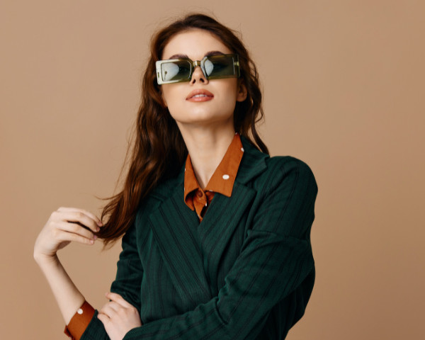 Oversized Green Square Sunglasses With Pinstripe Blazer Oversized Green Square Sunglasses With Pinstripe Blazer — Sunglasses for Square Face