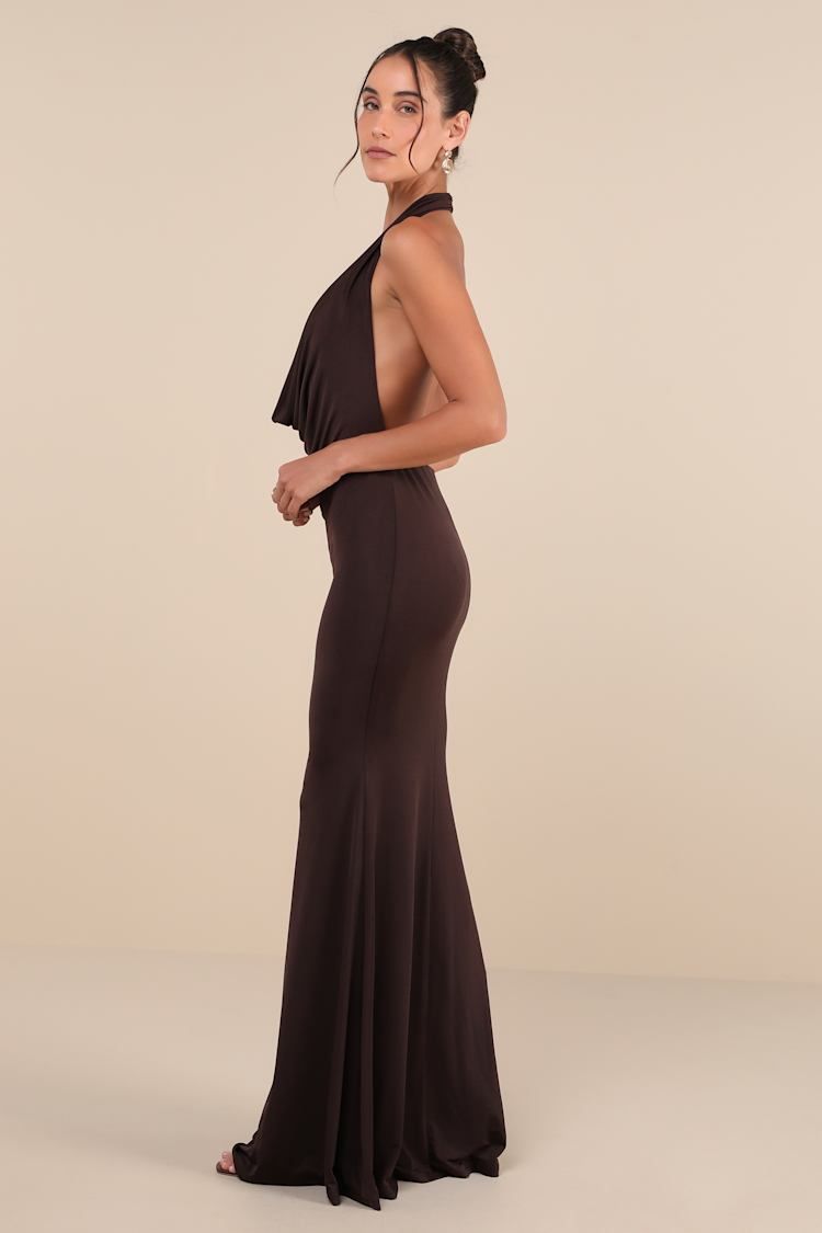 Brown Halter Maxi Dress with Cowl Neck and Open Back — Halter Dresses