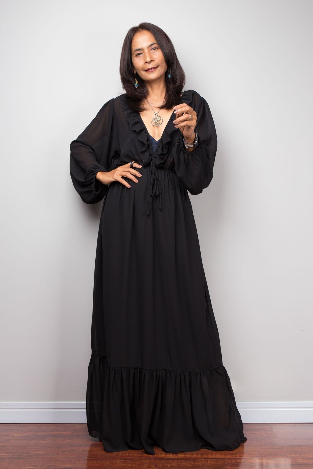 Flowing Black Chiffon Maxi Dress with Ruffled Hem — Chiffon Dresses