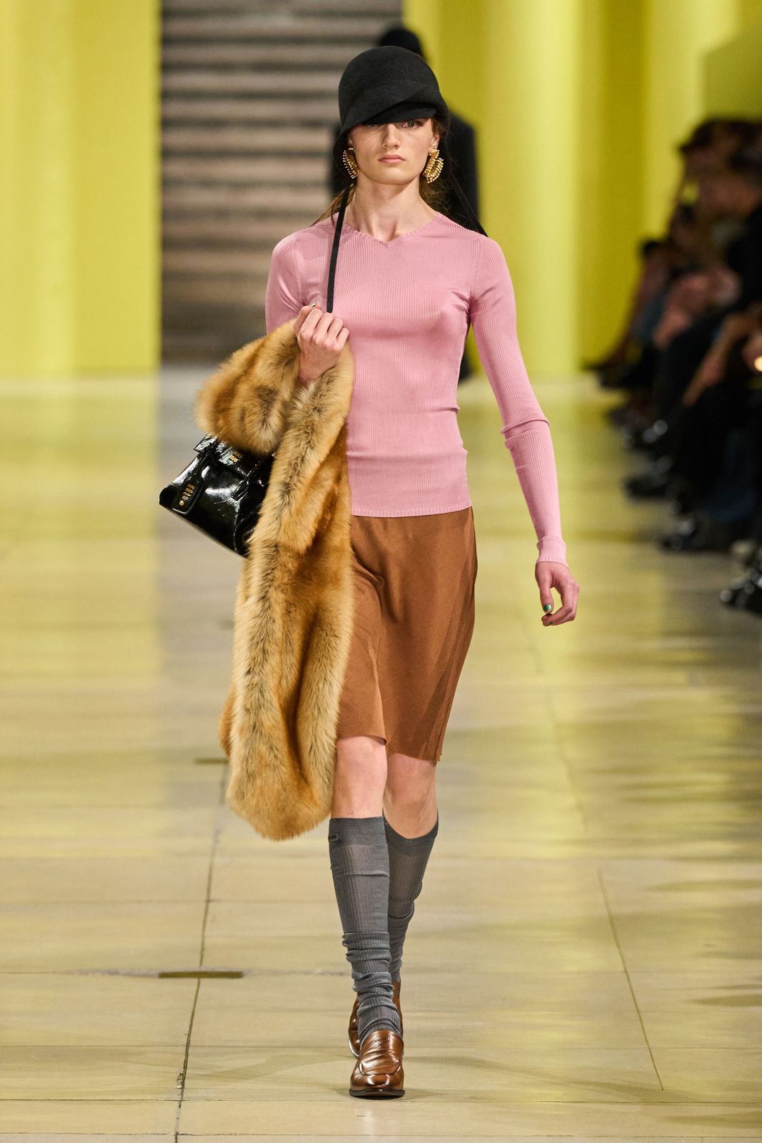 Miu Miu Pink Knit Top and Brown Midi Skirt with Fur Stole — Miu Miu Outfits