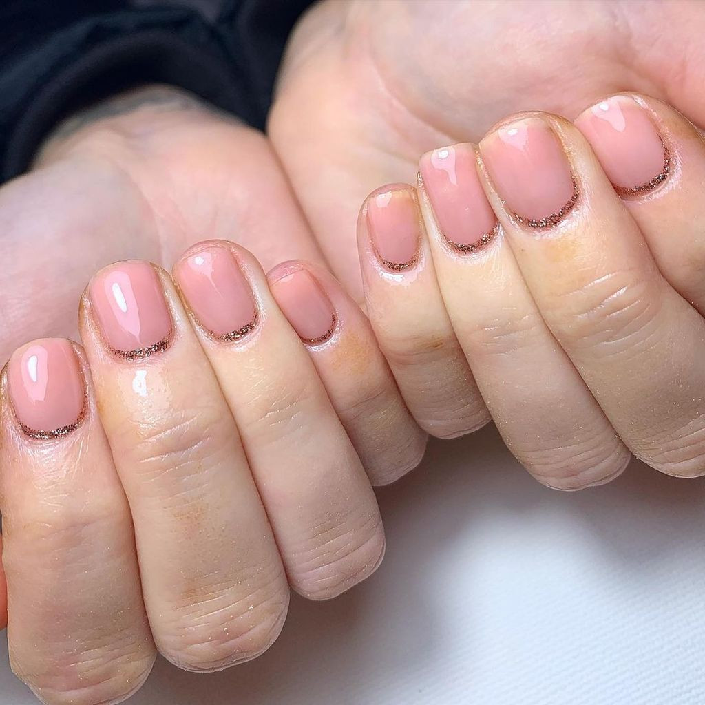 Short Square Pink with Rose Gold Cuticle Line Short Square Pink with Rose Gold Cuticle Line — Photoshoot Nails