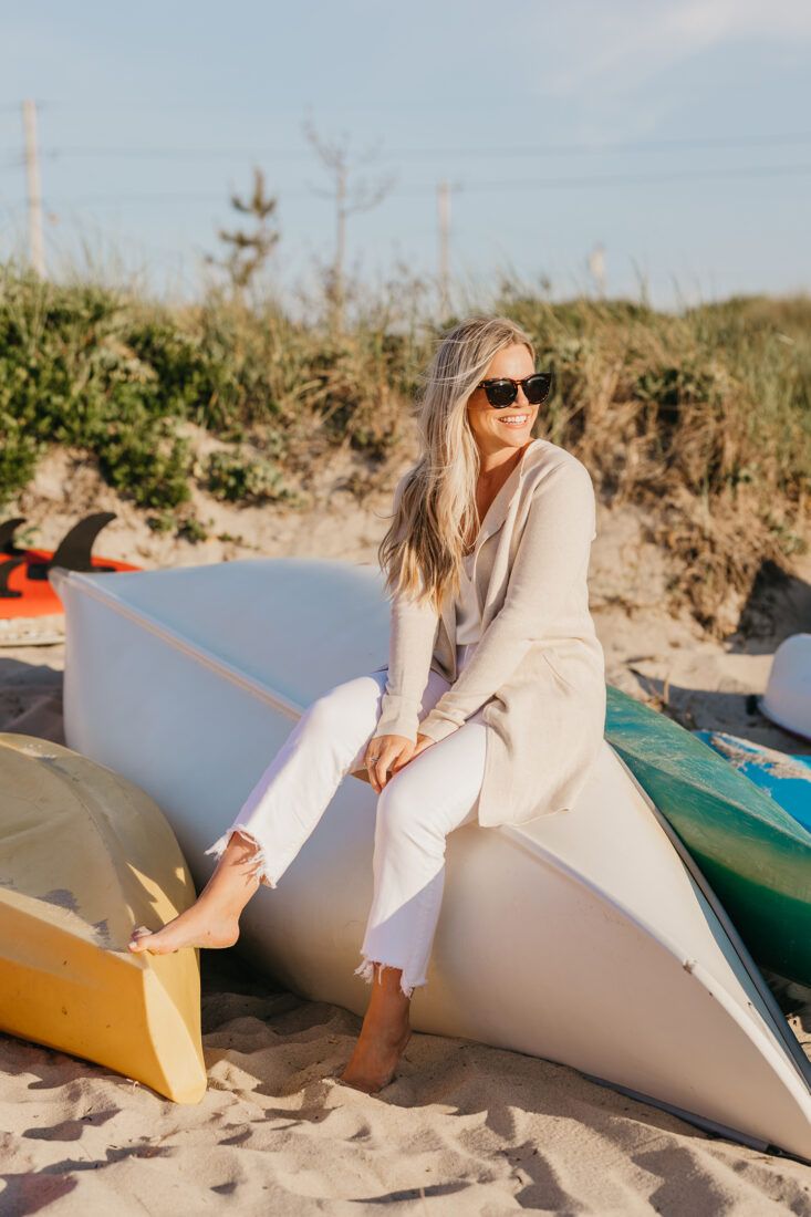 Beige Cardigan with White Jeans and T-shirt on the Beach — Nantucket Outfits