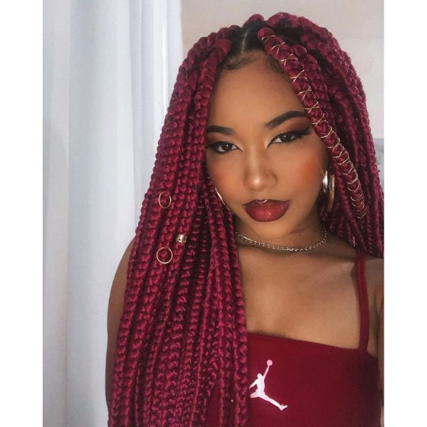 Bold Burgundy Box Braids with Gold Cuffs — Burgundy Braids