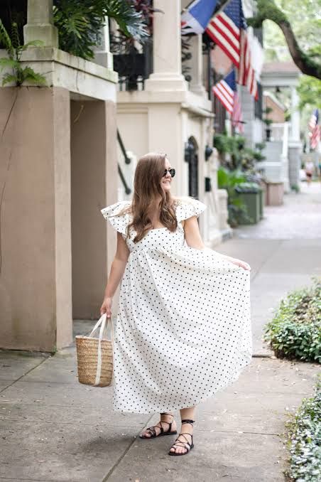 White Polka Dot Midi Dress with Straw Tote White Polka Dot Midi Dress with Straw Tote — Savannah Outfits