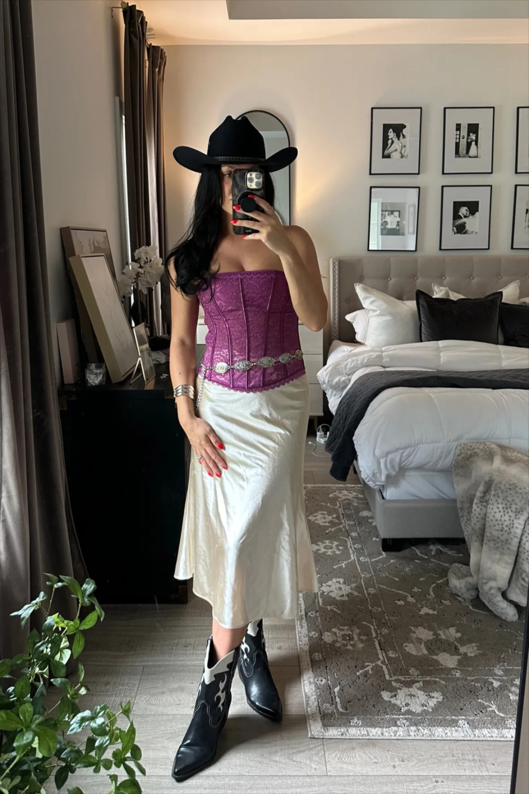 Corset Top and Satin Skirt Styled with a Silver Western Belt and Cowboy Hat — Western Belt Outfits