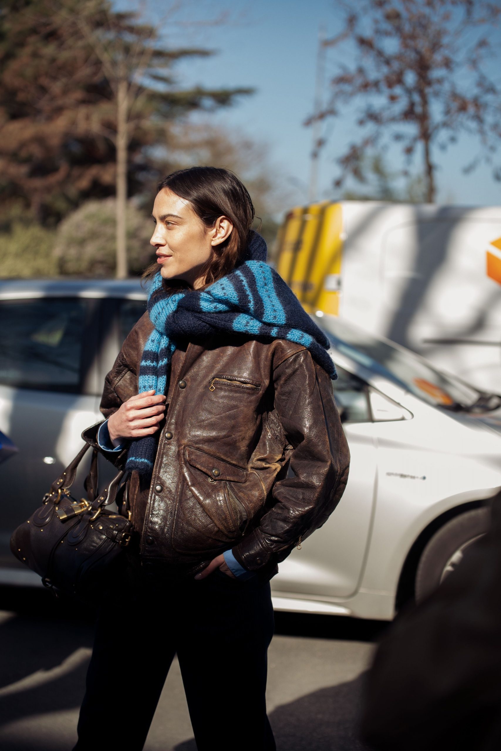 Dark Brown Handbag with Leather Bomber Jacket — Designer Bags