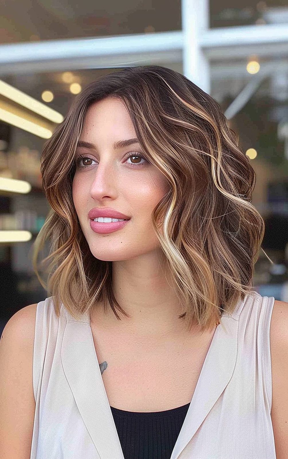 Shoulder Length Bob With Loose Waves Shoulder Length Bob With Loose Waves — Dark Brown Highlights