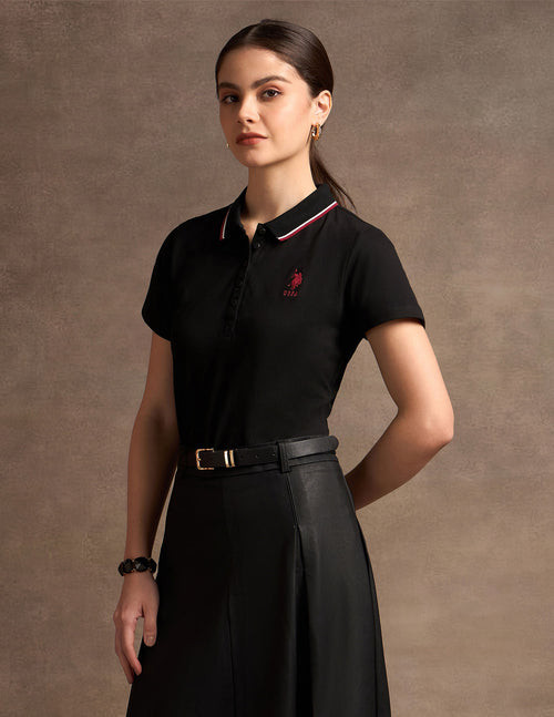 Polished Edge: Black Polo with Pleated Skirt Polished Edge: Black Polo with Pleated Skirt — Polo Shirt Outfits Women