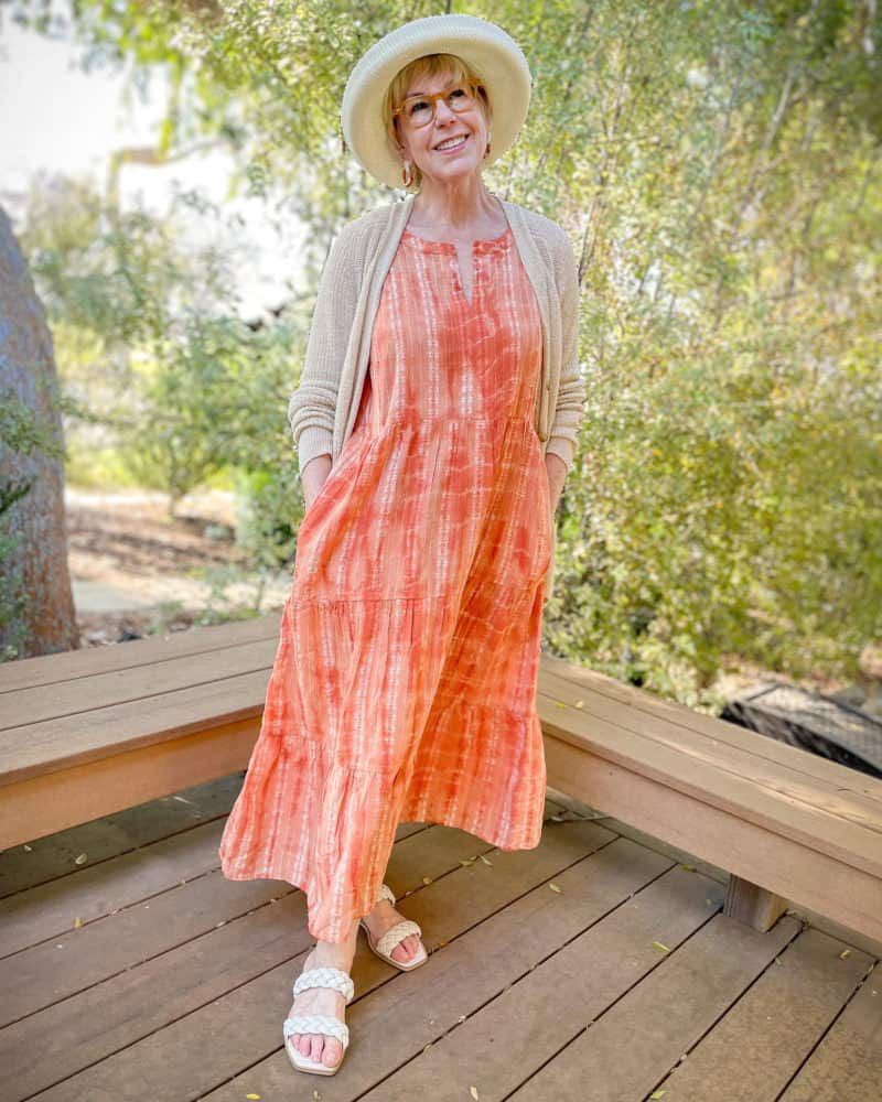 Tie-Dye Maxi Dress with Cardigan: Relaxed Daytime Style — Outfits for Big Arms