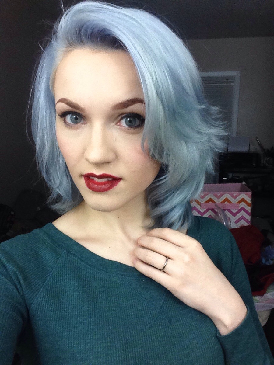 Chin Bob with Ice Blue and Bangs — Pastel Blue Hair