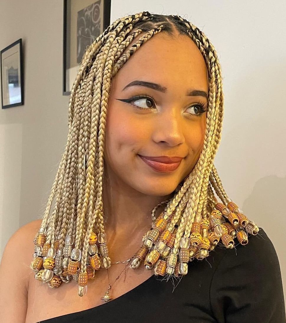 Ornate Beads on Blonde Shoulder Braids Ornate Beads on Blonde Shoulder Braids — Braids with Beads