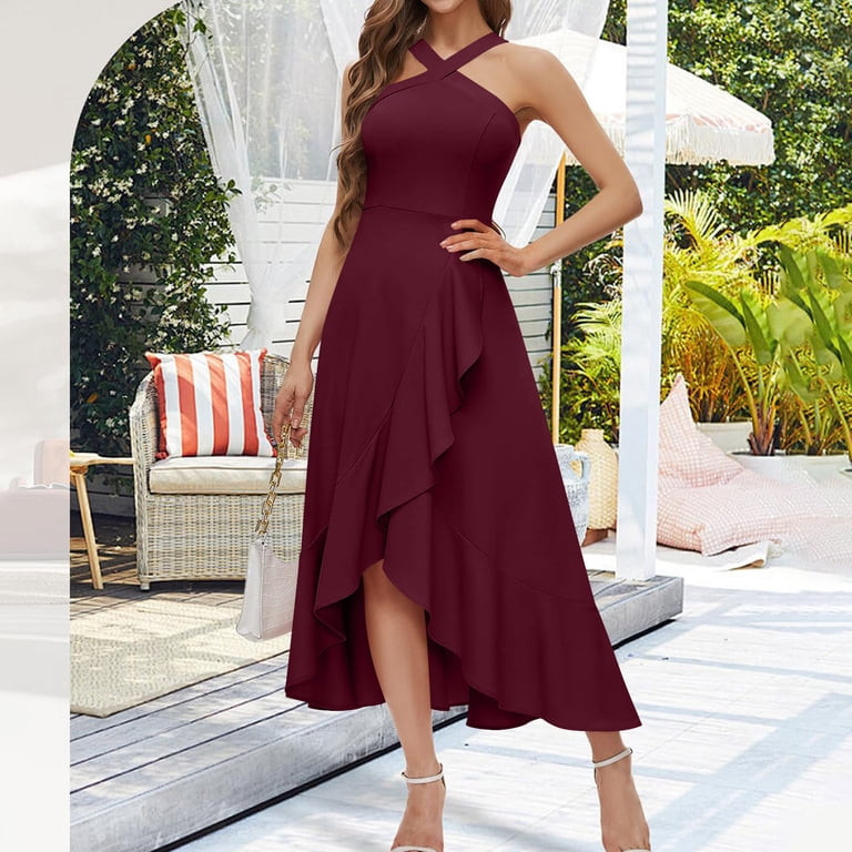 Burgundy Halter Maxi Dress with Asymmetrical Hem Burgundy Halter Maxi Dress with Asymmetrical Hem — Girls Night Out Outfits