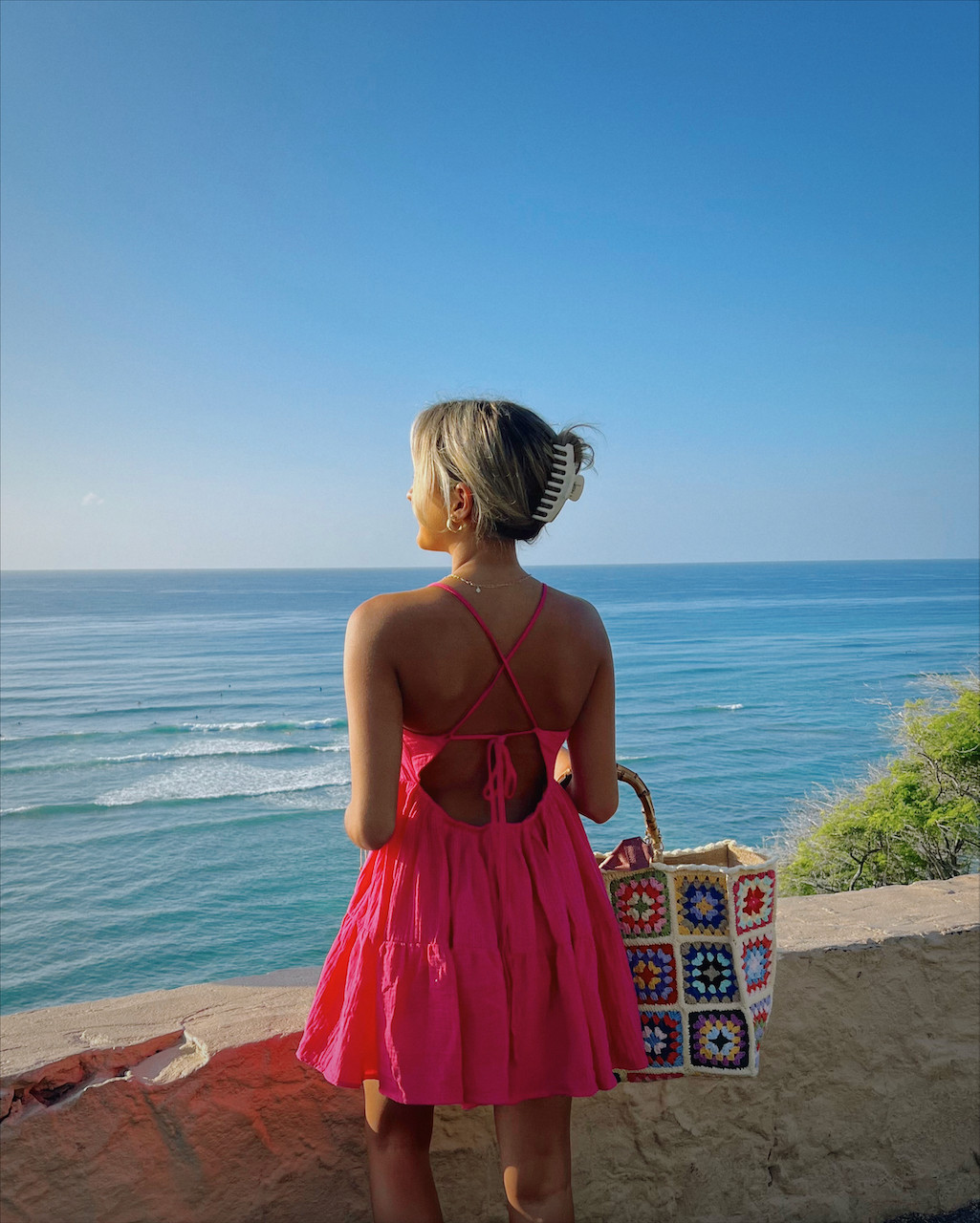 Vibrant Pink Tiered Mini Dress with Woven Tote Vibrant Pink Tiered Mini Dress with Woven Tote — Oahu Outfits
