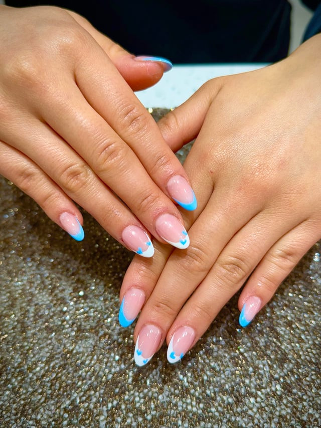 Blue French Tip Oval Nails with Hearts Blue French Tip Oval Nails with Hearts — First Acrylic Nails