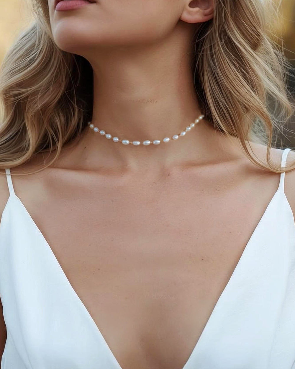 Freshwater Pearl Choker with a White Slip Dress Freshwater Pearl Choker with a White Slip Dress — Pearl Necklace Outfits