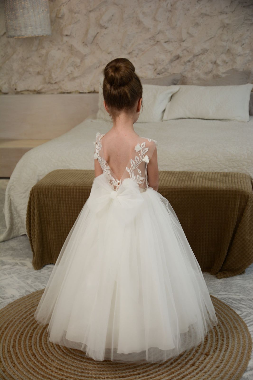 White Ball Gown with Sheer Lace Back and Large Bow White Ball Gown with Sheer Lace Back and Large Bow — Flower Girl Dresses