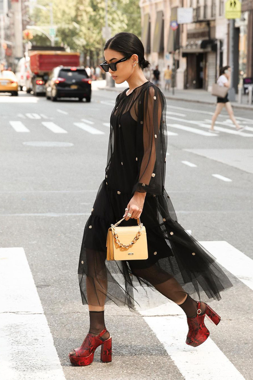 Sheer Tiered Dress with Red Snakeskin Platform Heels and Yellow Bag — Platform Heels Outfits