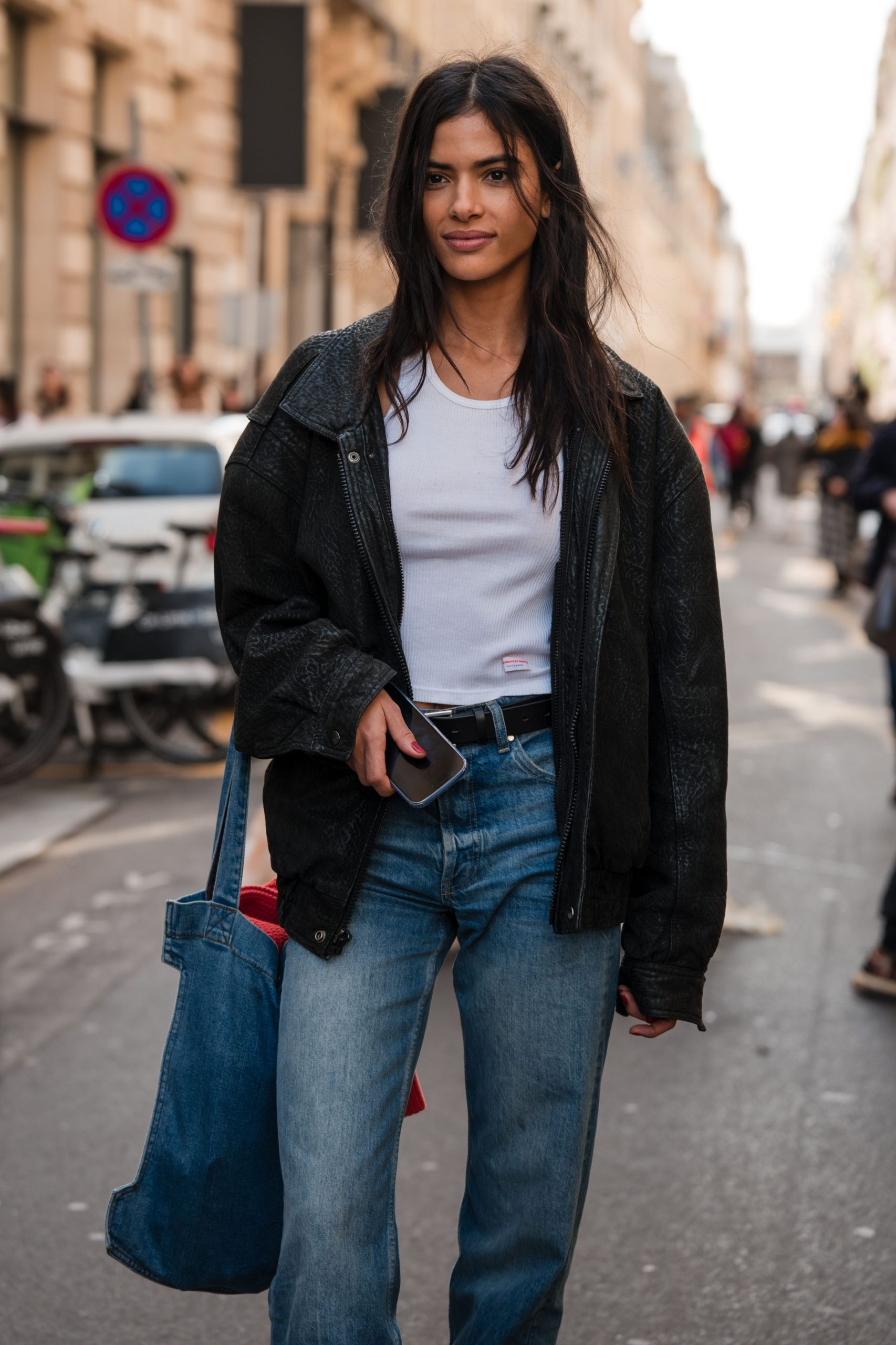 Edgy Street Style: White Tank Top Under a Leather Jacket with Straight-Leg Jeans — Tank Top Outfits