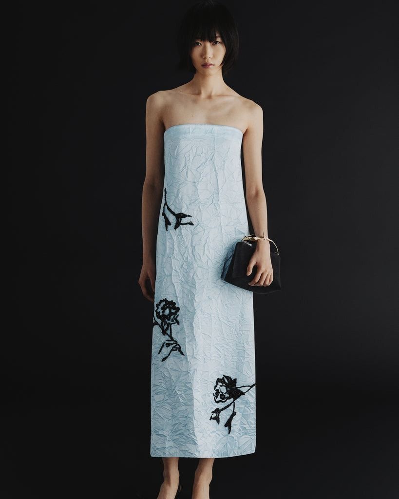 Strapless Light Blue Crinkled Dress with Floral Appliques for a Gala Strapless Light Blue Crinkled Dress with Floral Appliques for a Gala — Charity Gala Outfits
