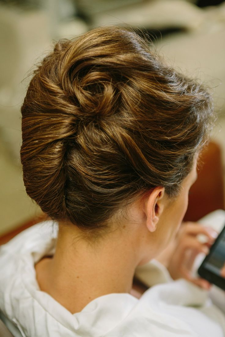 Intricate Dark Brown Wavy Updo Intricate Dark Brown Wavy Updo — French Twist