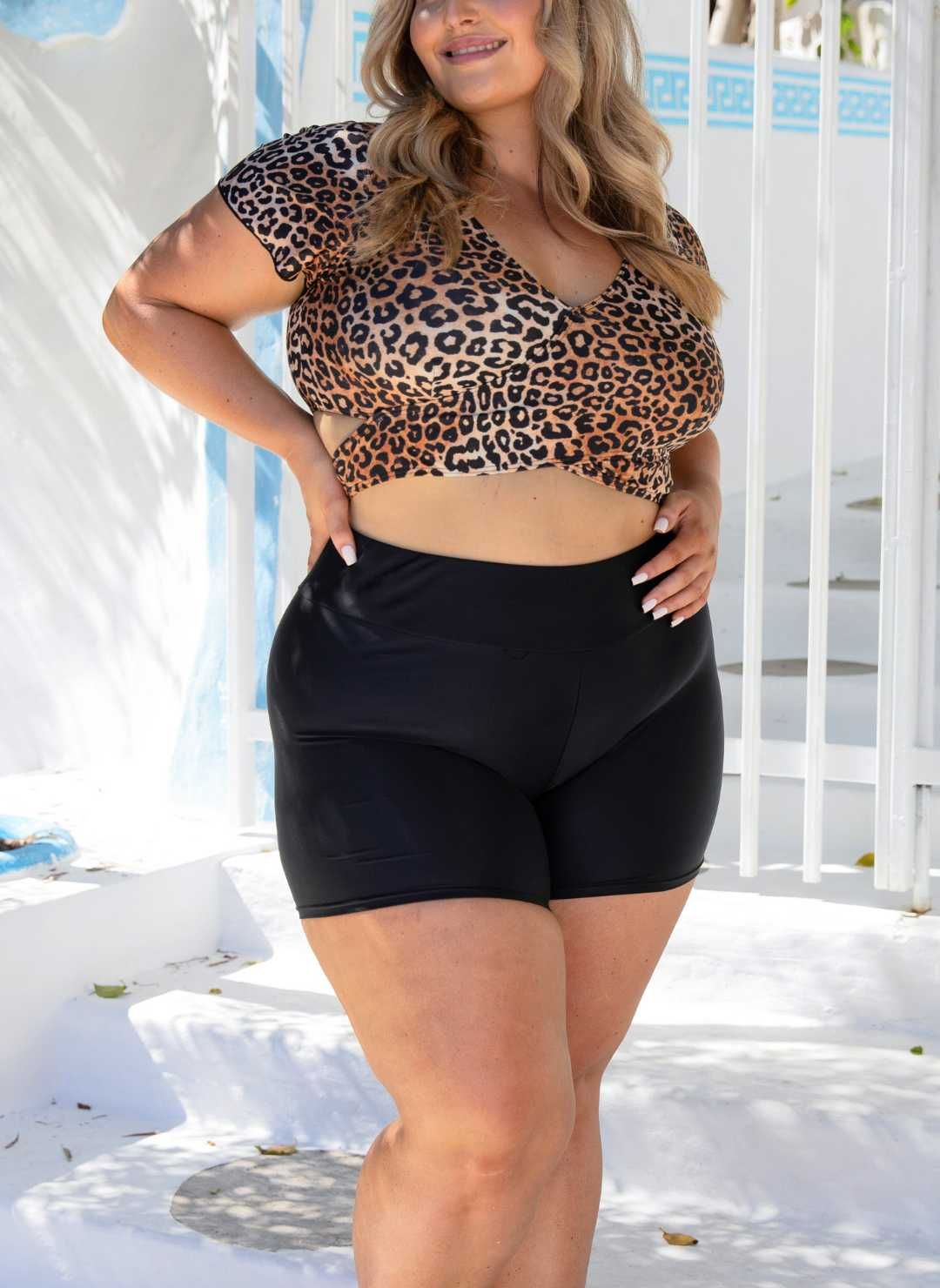 High-Waisted Shorts with Leopard Print Bikini Top High-Waisted Shorts with Leopard Print Bikini Top — Outfits for Big Thighs