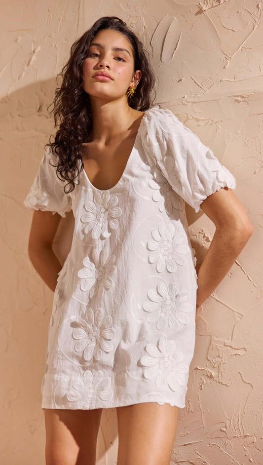 White Mini Dress with Puff Sleeves and Embroidery — Garden Party Outfits
