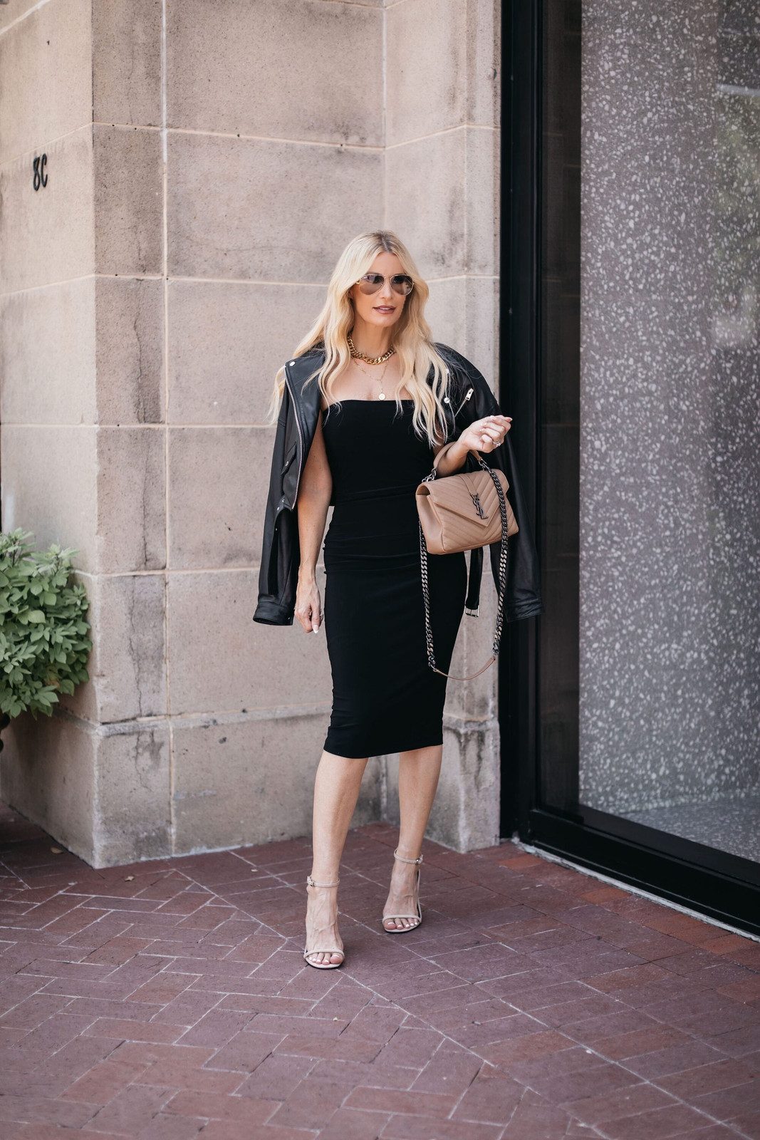 Chic Day to Night: Black Dress with Leather Jacket Drape — Little Black Dress Outfits