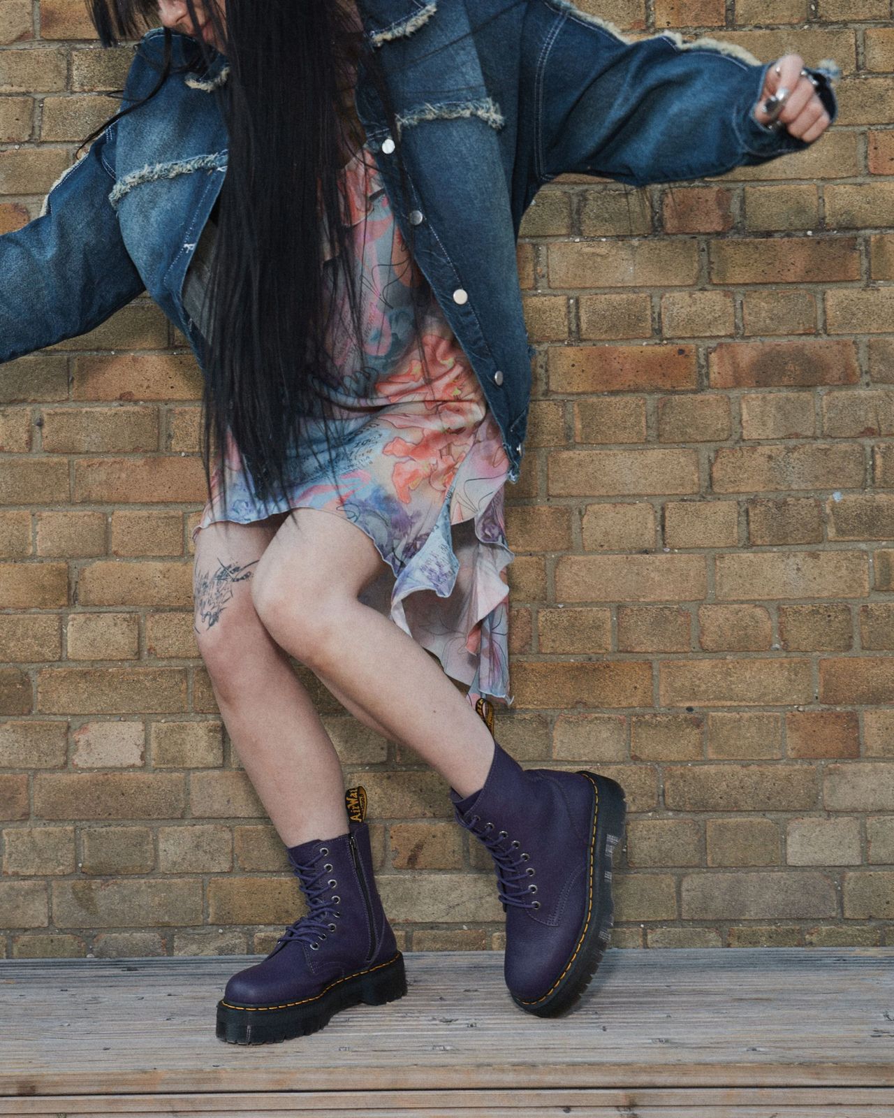 Vibrant Contrast: Purple Jadon Boots with Denim Jacket and Floral Dress Vibrant Contrast: Purple Jadon Boots with Denim Jacket and Floral Dress — Jadon Boots Outfits