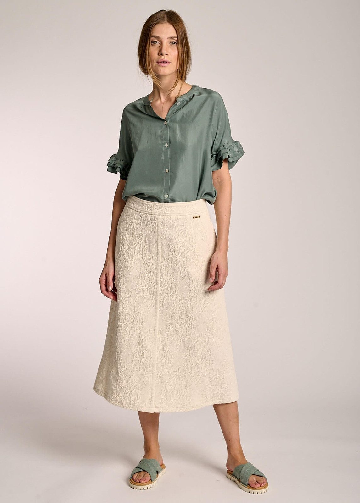 Textured Cream A-Line Skirt with Muted Green Blouse — A Line Skirts