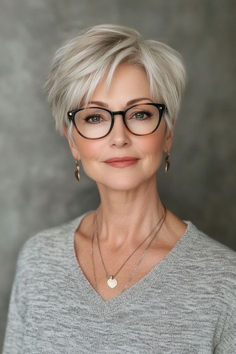 Textured Grey Pixie With Blonde Highlights — Hairstyles with Glasses