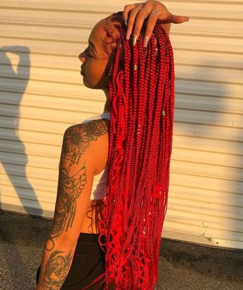 Bright Red Box Braids on Dark Skin — Red Braids