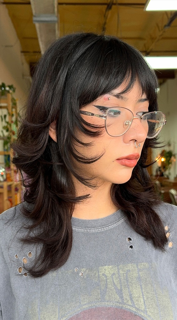 Dark Brown Shag With Wispy Bangs Dark Brown Shag With Wispy Bangs — Medium Length Layered Hair