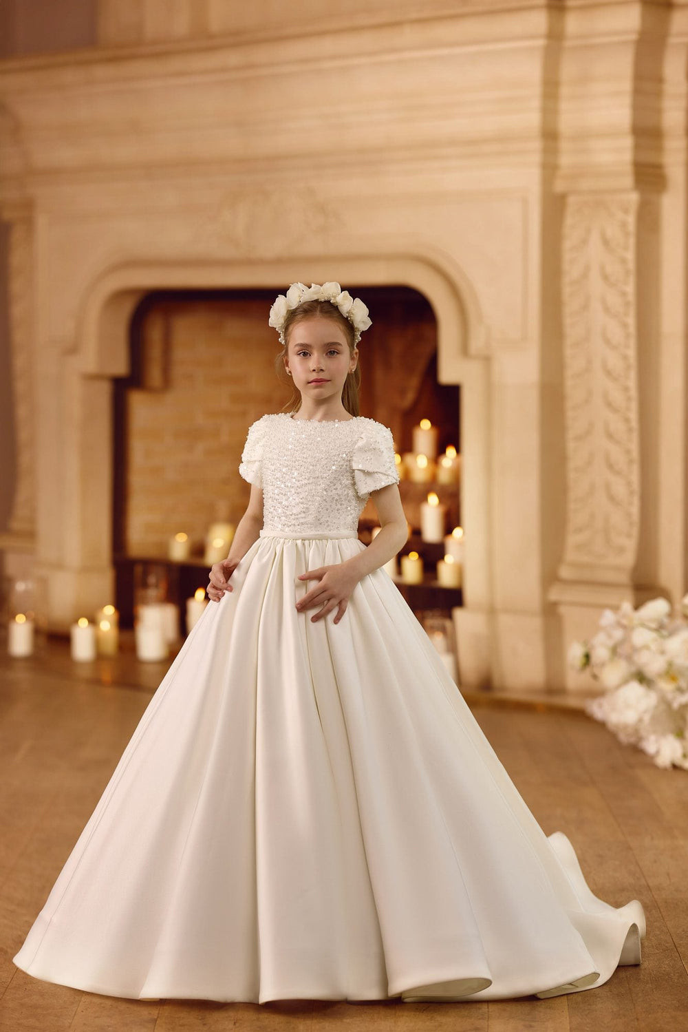 Sequined Bodice Ballgown with Delicate Flower Crown Sequined Bodice Ballgown with Delicate Flower Crown — First Communion Outfits