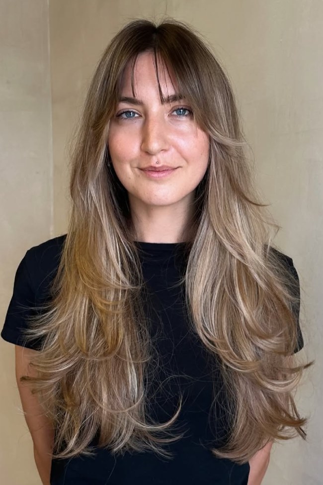 Blonde with Heavy Layers and Curtain Bangs — Long Layered Hair with Curtain Bangs