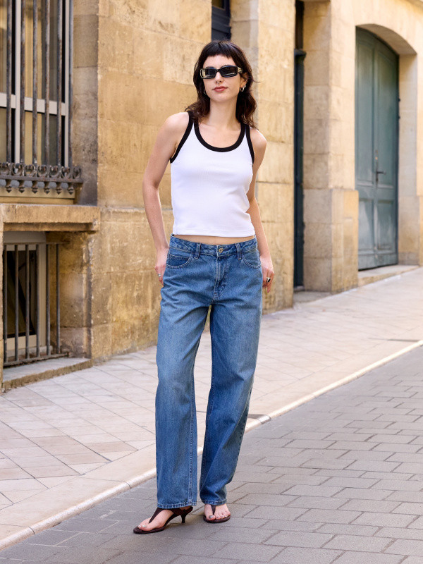 Blue Barrel Jeans and White Tank with Black Rectangle Sunglasses Blue Barrel Jeans and White Tank with Black Rectangle Sunglasses — Rectangle Sunglasses Outfits