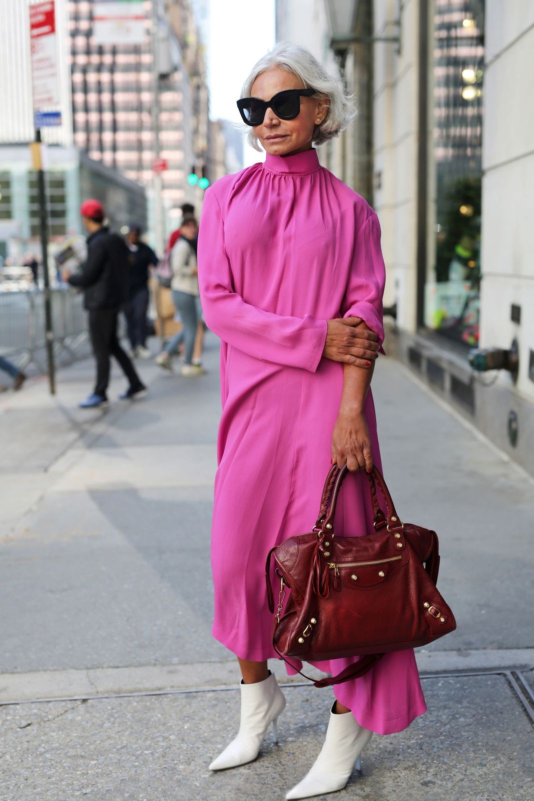 Bold Statement: Hot Pink Midi Dress with White Boots — Grandma Outfits