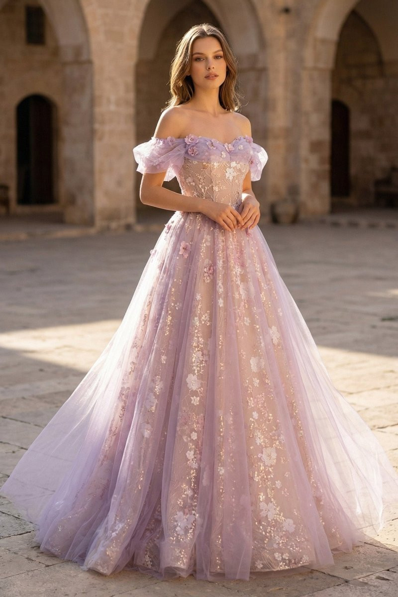 Lilac Off-the-Shoulder Tulle Ball Gown with Floral Appliqués — Tulle Dresses