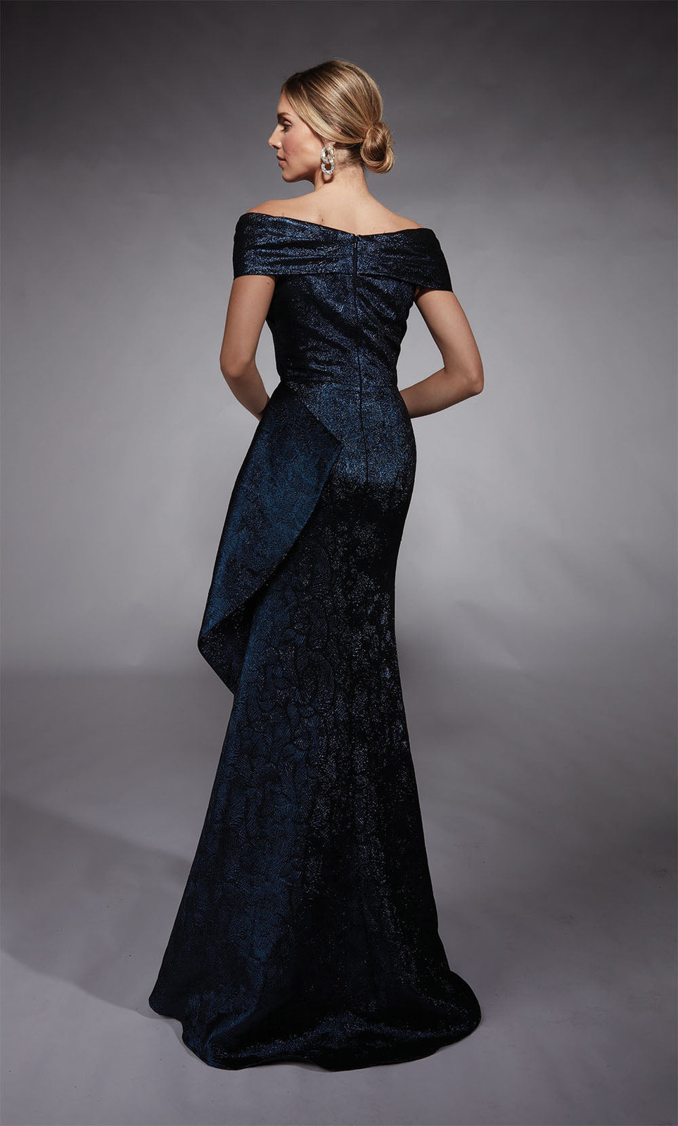 Dark Blue Off-the-Shoulder Fit and Flare Gown — Dresses for Big Arms