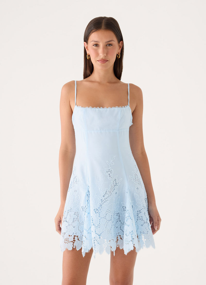 Light Blue Mini Dress Featuring Delicate Lace Straps Light Blue Mini Dress Featuring Delicate Lace Straps — Light Feminine Outfits