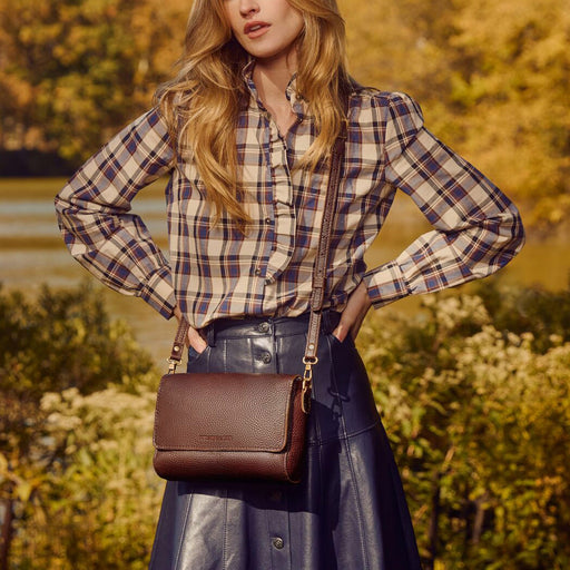 Autumnal Layers with a Brown Leather Crossbody and Plaid — Crossbody Bags